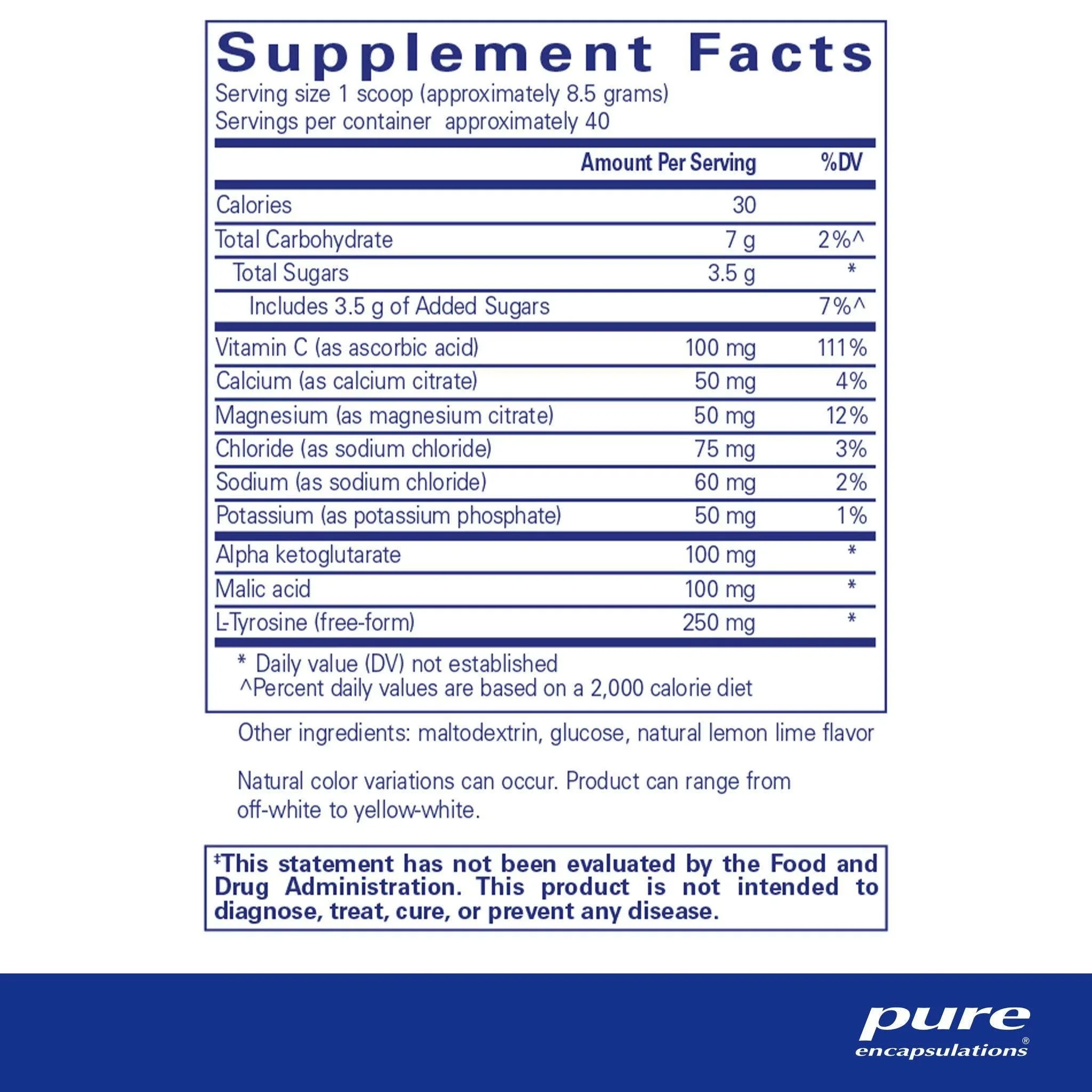 Pure Encapsulations Electrolyte/Energy Formula lemon-lime powder with sodium, potassium, magnesium, calcium and chloride for hydration and exercise stamina.