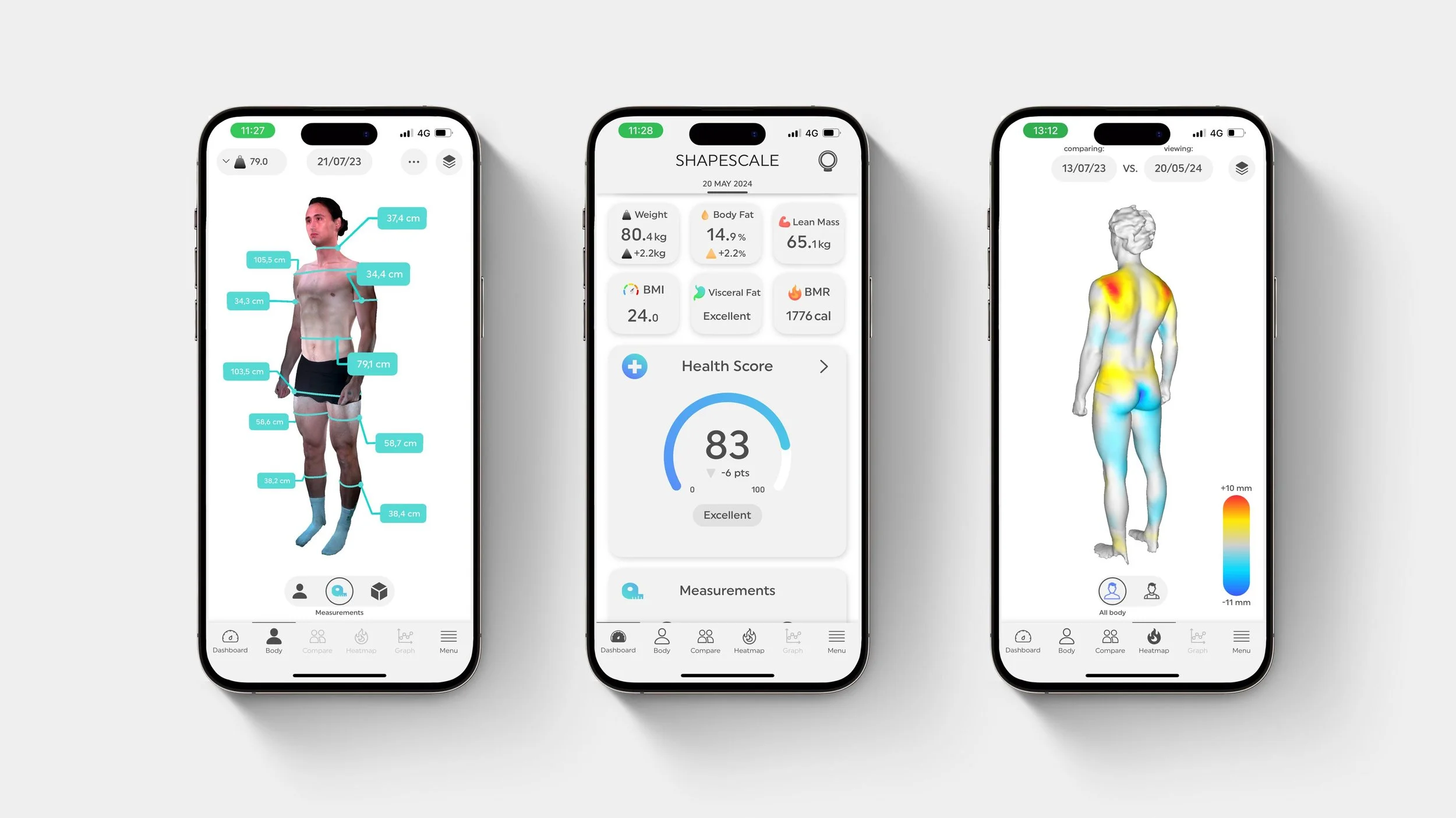 ShapeScale app showing body measurements, body composition results, and a color-coded comparison of two scans