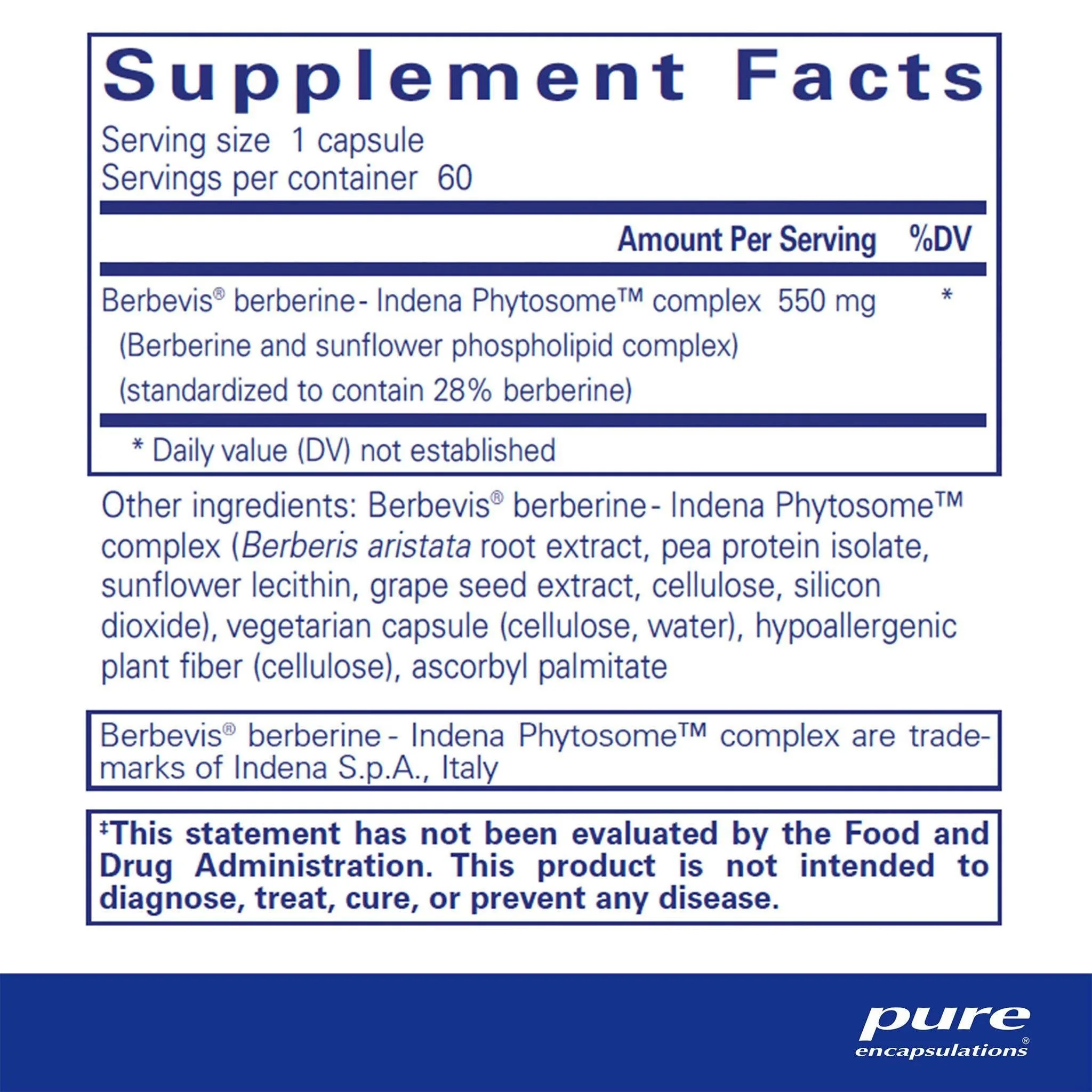 Pure Encapsulations Berberine UltraSorb vegan capsules with enhanced-absorption Berbevis berberine phytosome for glucose metabolism and cardiometabolic support.