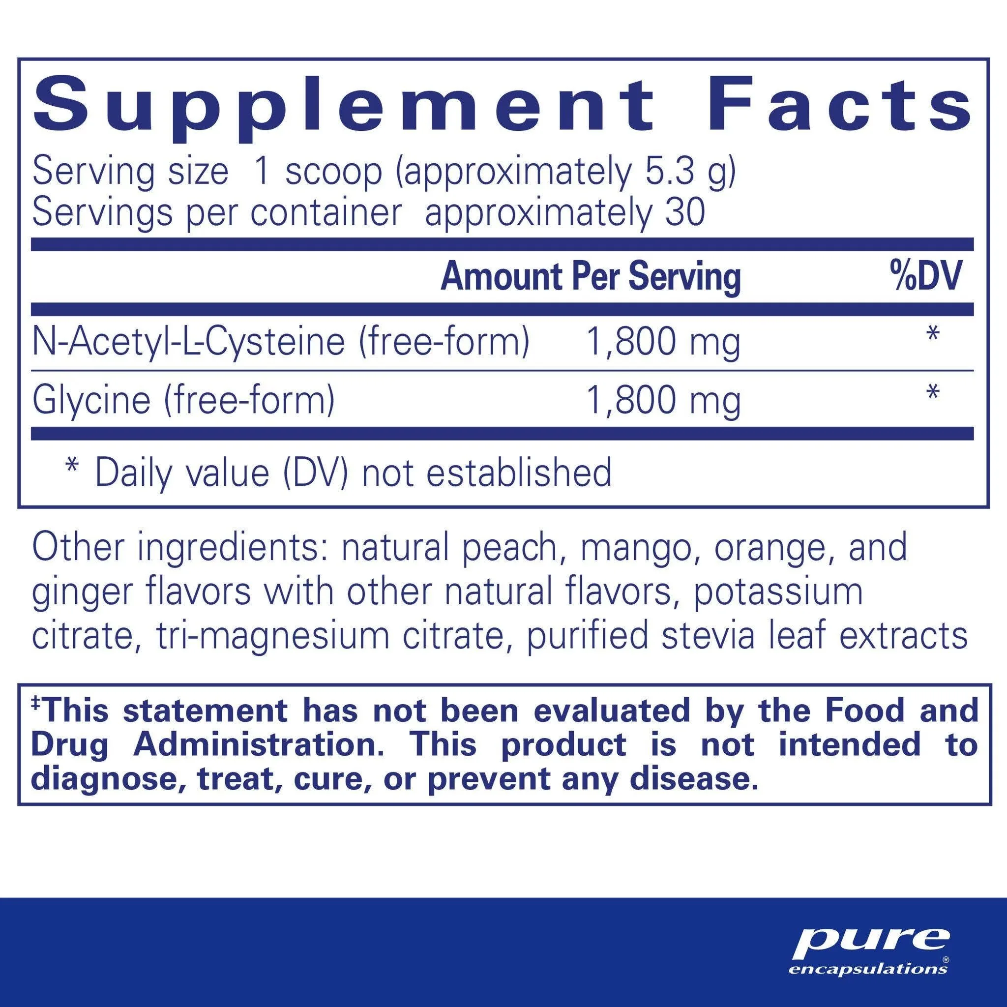 Pure Encapsulations NAC + Glycine peach-ginger powder with 1.8 grams each of NAC and glycine for glutathione, antioxidant and healthy-aging support.