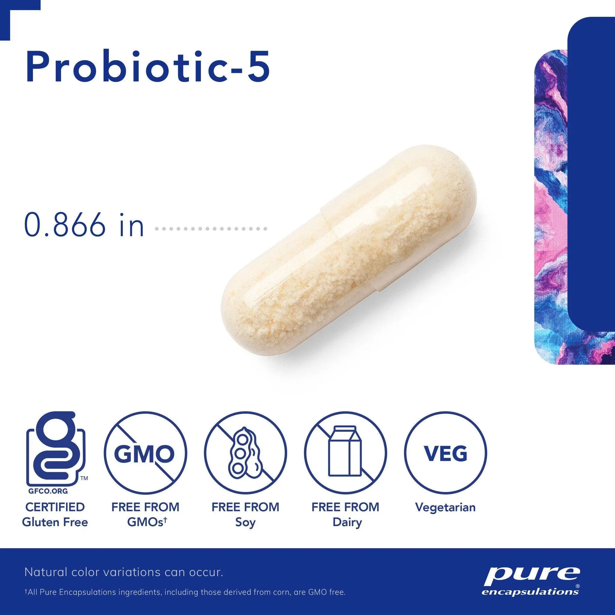 Pure Encapsulations Probiotic-5 refrigerated vegetarian capsules with 10 billion CFU from five strains for gut, digestive and immune support.