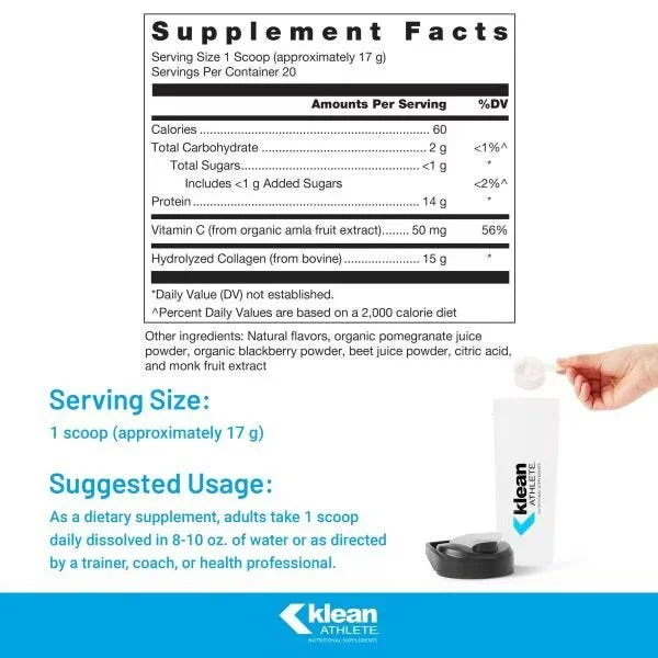Klean Collagen+C natural berry collagen powder with 15 grams of hydrolyzed bovine collagen and vitamin C for joint and connective-tissue support.