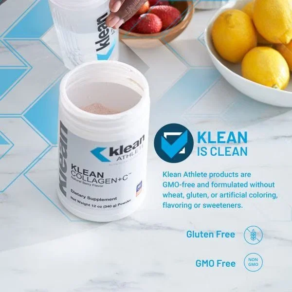 Klean Collagen+C natural berry collagen powder with 15 grams of hydrolyzed bovine collagen and vitamin C for joint and connective-tissue support.