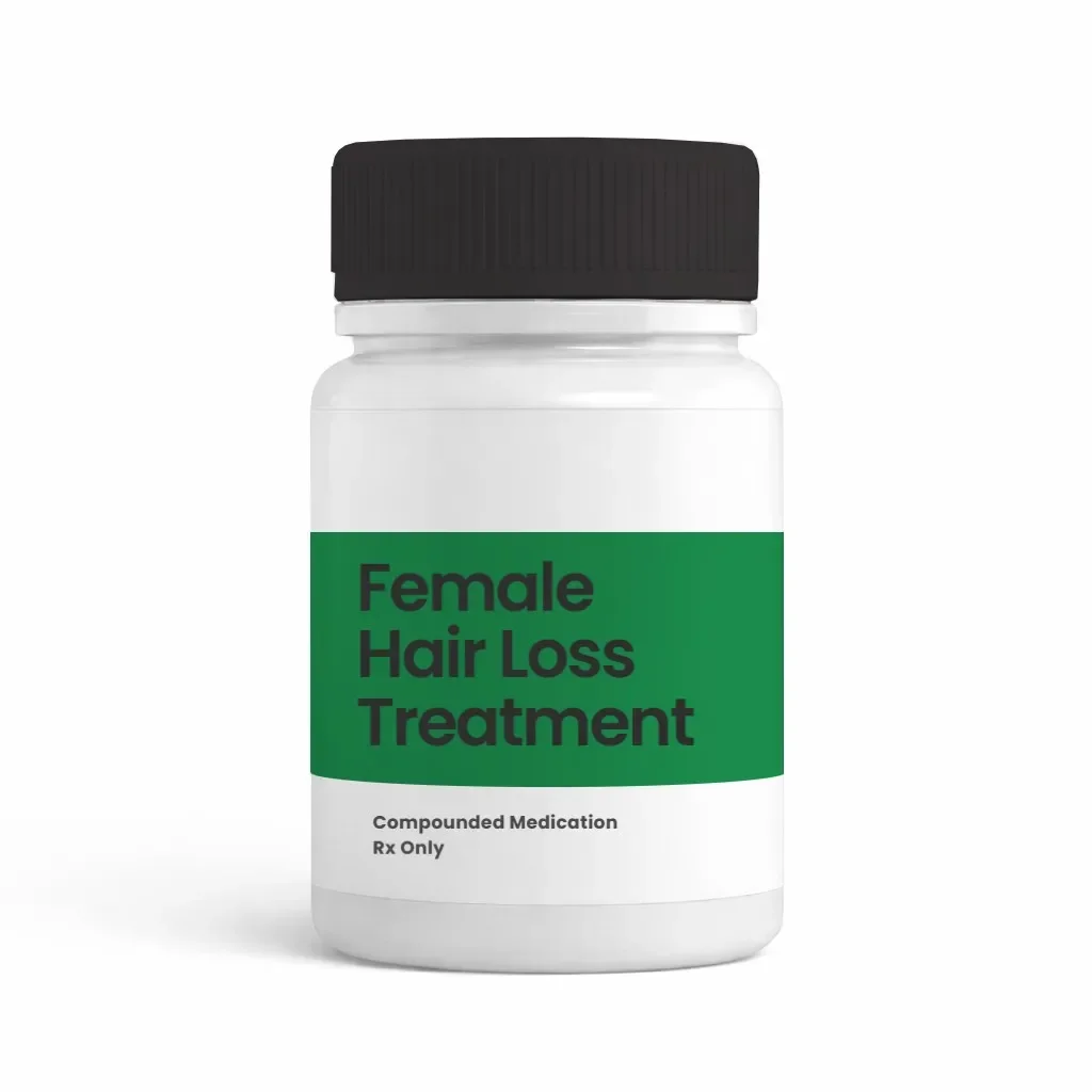 Compounded female hair-loss treatment medication bottle