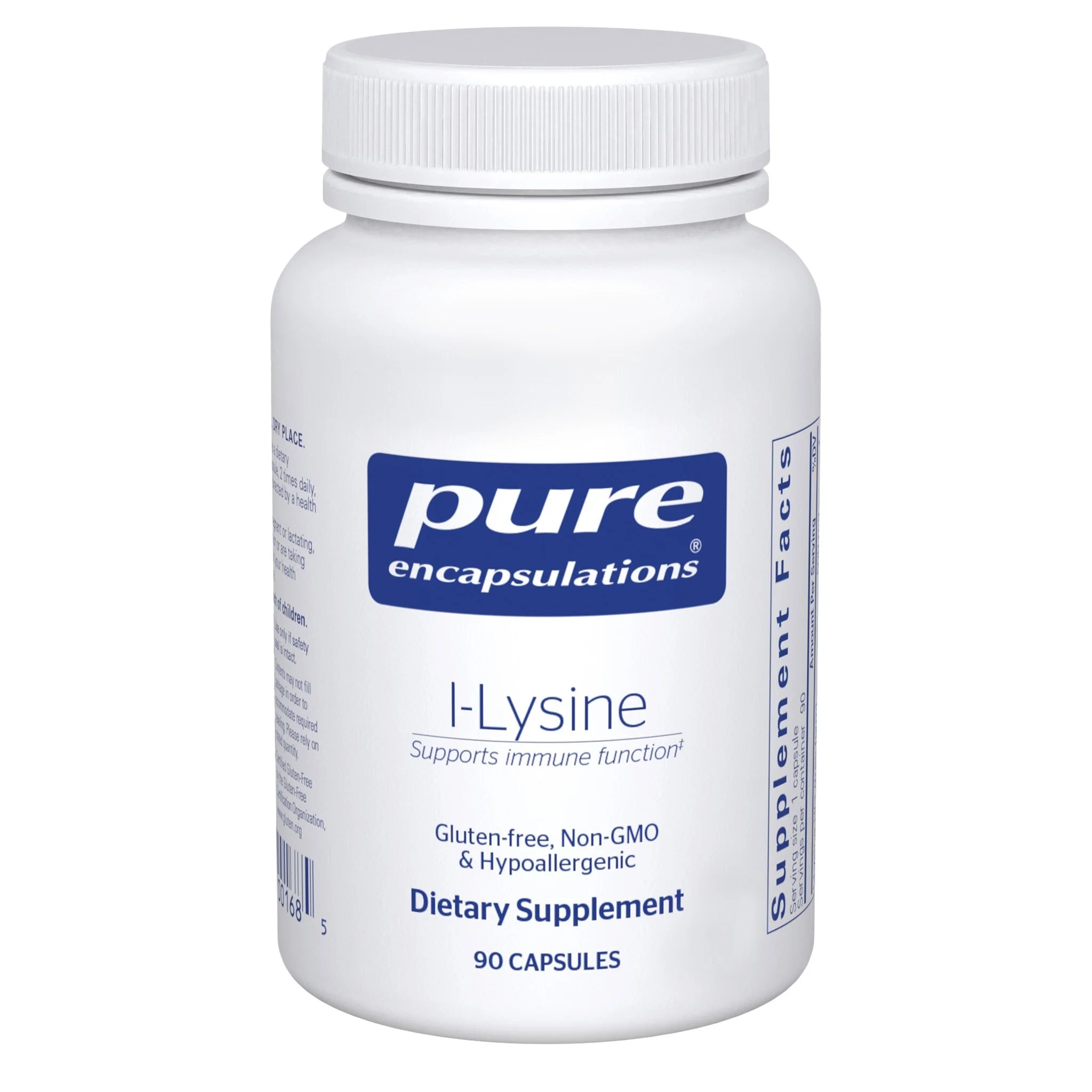 Pure Encapsulations L-Lysine vegan capsules with 500 mg of fermented L-lysine HCl for immune, protein and connective-tissue support.