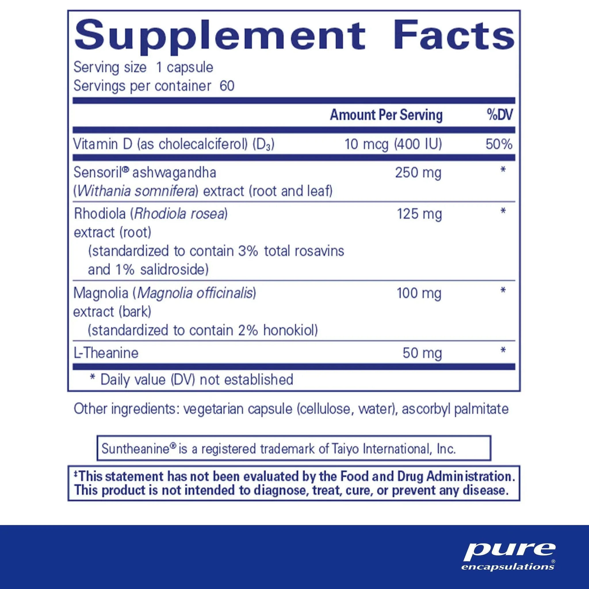 Pure Encapsulations Cortisol Calm capsules with Sensoril ashwagandha, rhodiola, magnolia bark and L-theanine for relaxation, sleep and stress support.