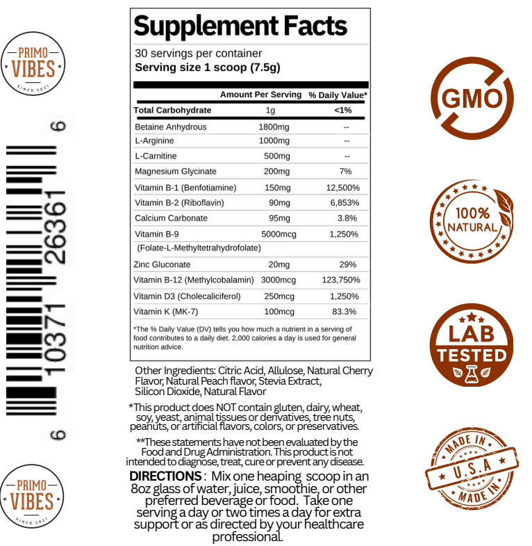 Primo Vibes Optimize-Pro cherry-peach powder with methylated B vitamins, amino acids, magnesium, zinc, vitamin D3 and K2 for nerve and metabolic support.