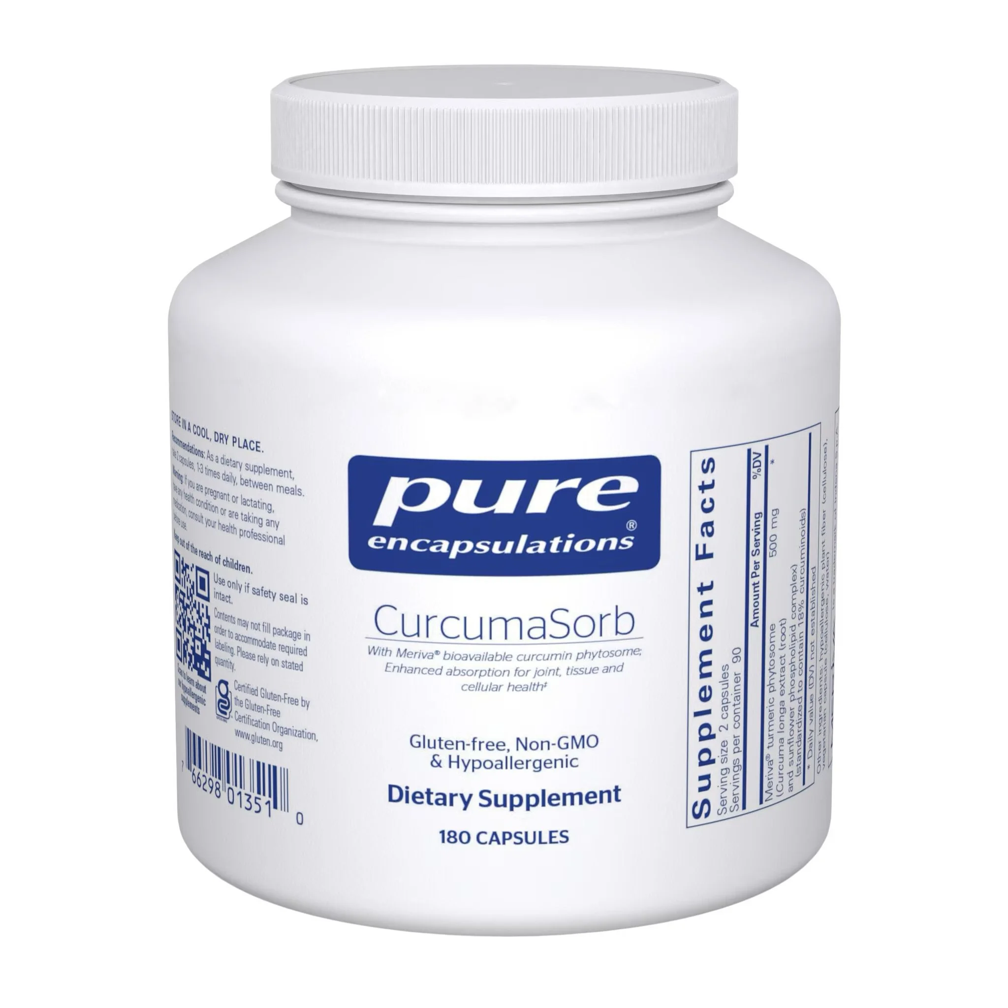 Pure Encapsulations CurcumaSorb with Meriva bioavailable turmeric phytosome for joint comfort, mobility, antioxidant and cellular support.