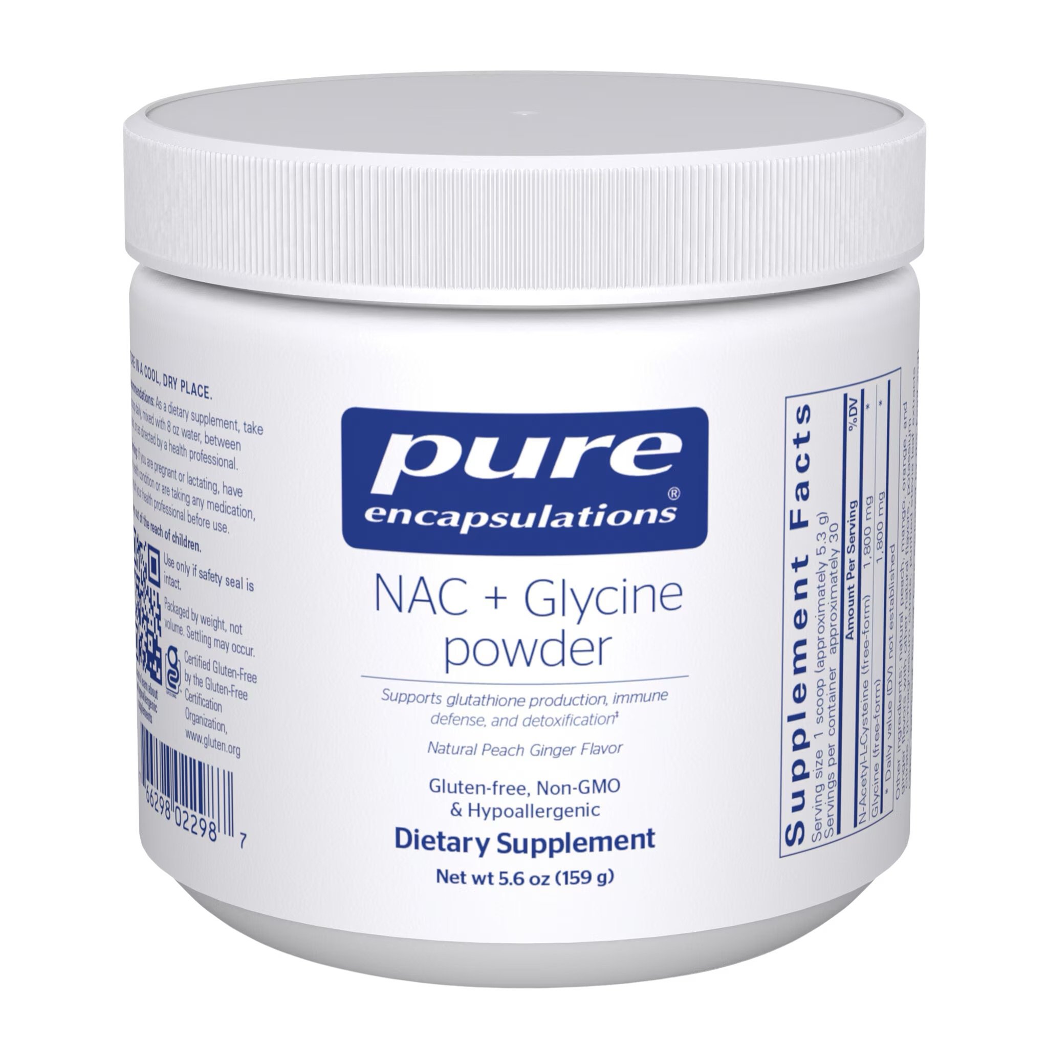 Pure Encapsulations NAC + Glycine peach-ginger powder with 1.8 grams each of NAC and glycine for glutathione, antioxidant and healthy-aging support.
