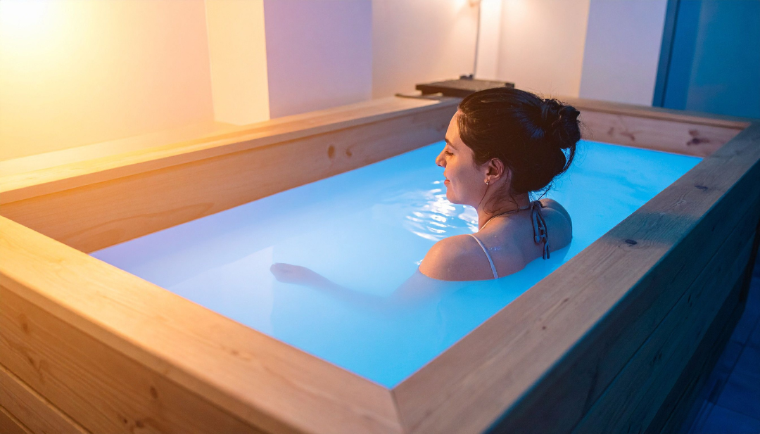 Woman relaxing in a cold plunge at Panther Longevity
