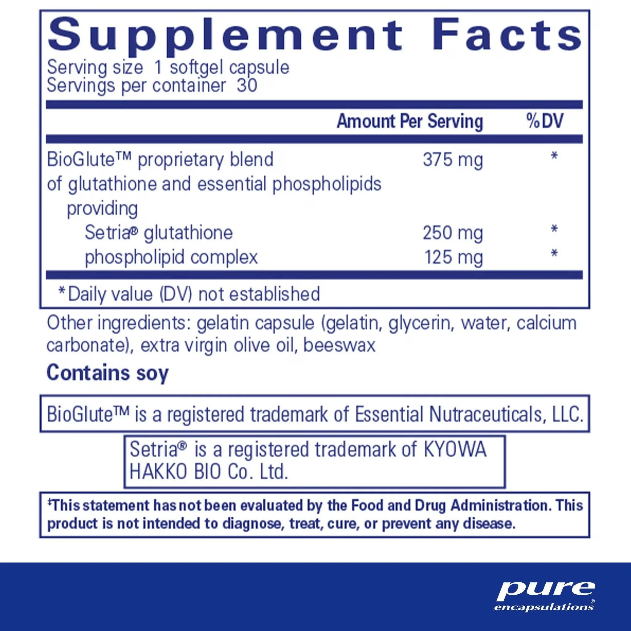 Pure Encapsulations Liposomal Glutathione softgels with 250 mg of Setria reduced glutathione and essential phospholipids for antioxidant, cellular and liver support.