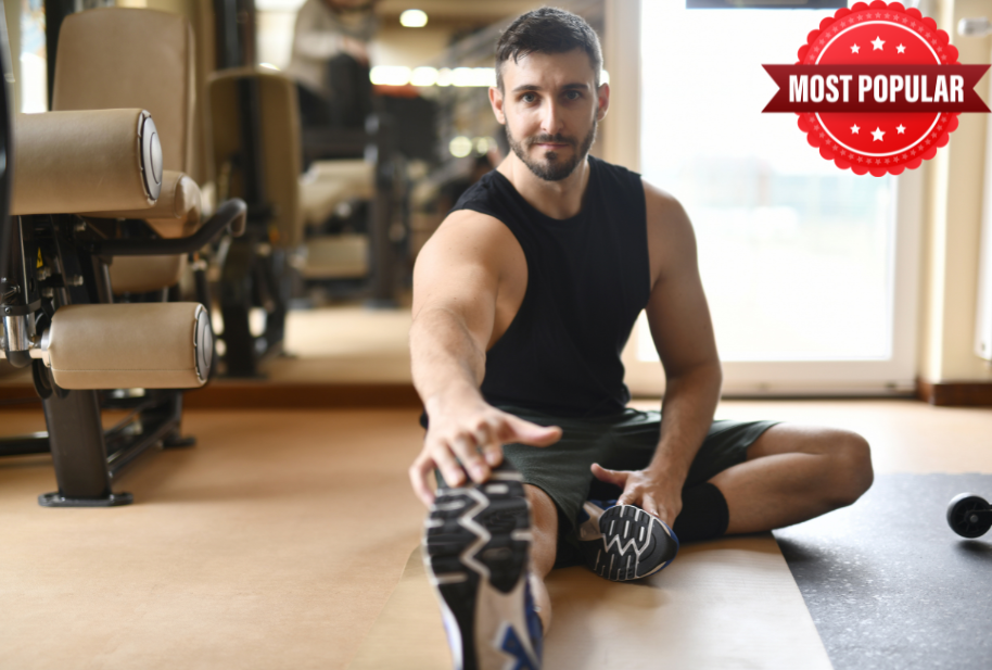 Athletic man stretching with “Most Popular” badge