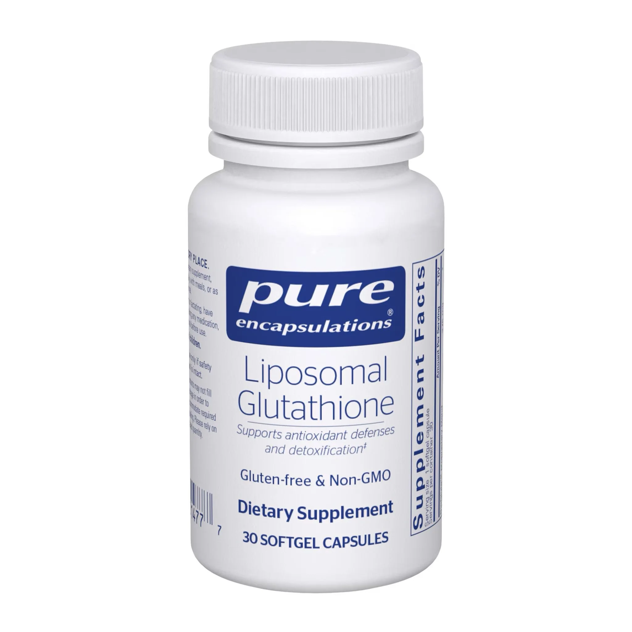 Pure Encapsulations Liposomal Glutathione softgels with 250 mg of Setria reduced glutathione and essential phospholipids for antioxidant, cellular and liver support.
