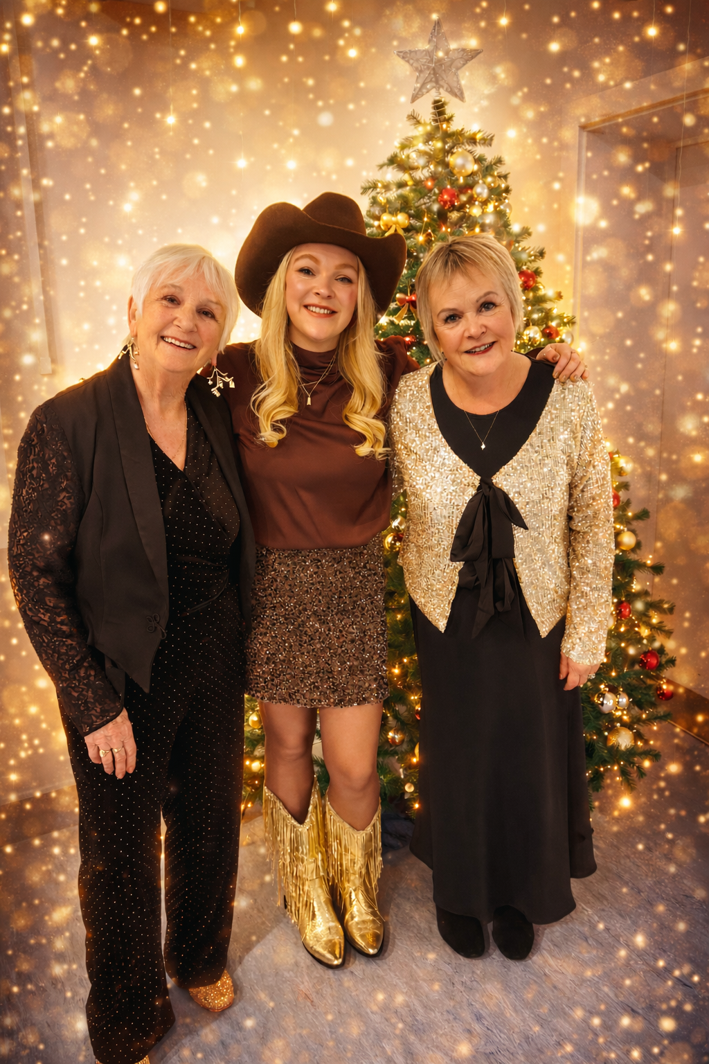Three women standing in front of a decorated Christmas tree, smiling, with a sparkling overlay background. The woman in the center wears a cowboy hat and gold boots.