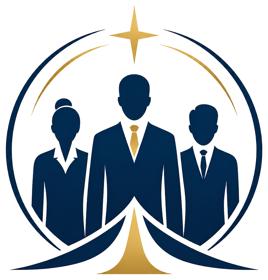 Silhouettes of three business professionals in suits inside a clock with gold accents and a star at the top.