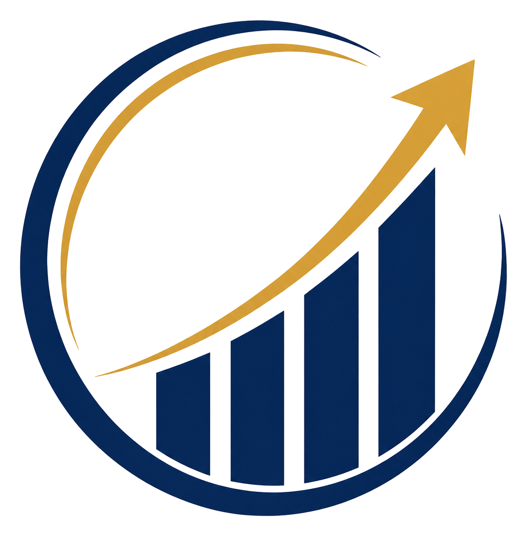 Graphic of a bar chart with increasing blue bars and a gold upward arrow indicating growth or positive trend.