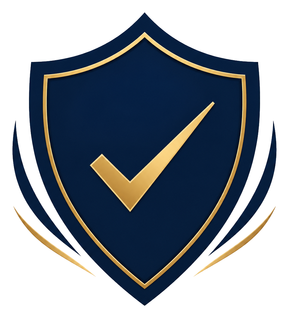 A navy blue shield with a gold border and a gold check mark in the center.
