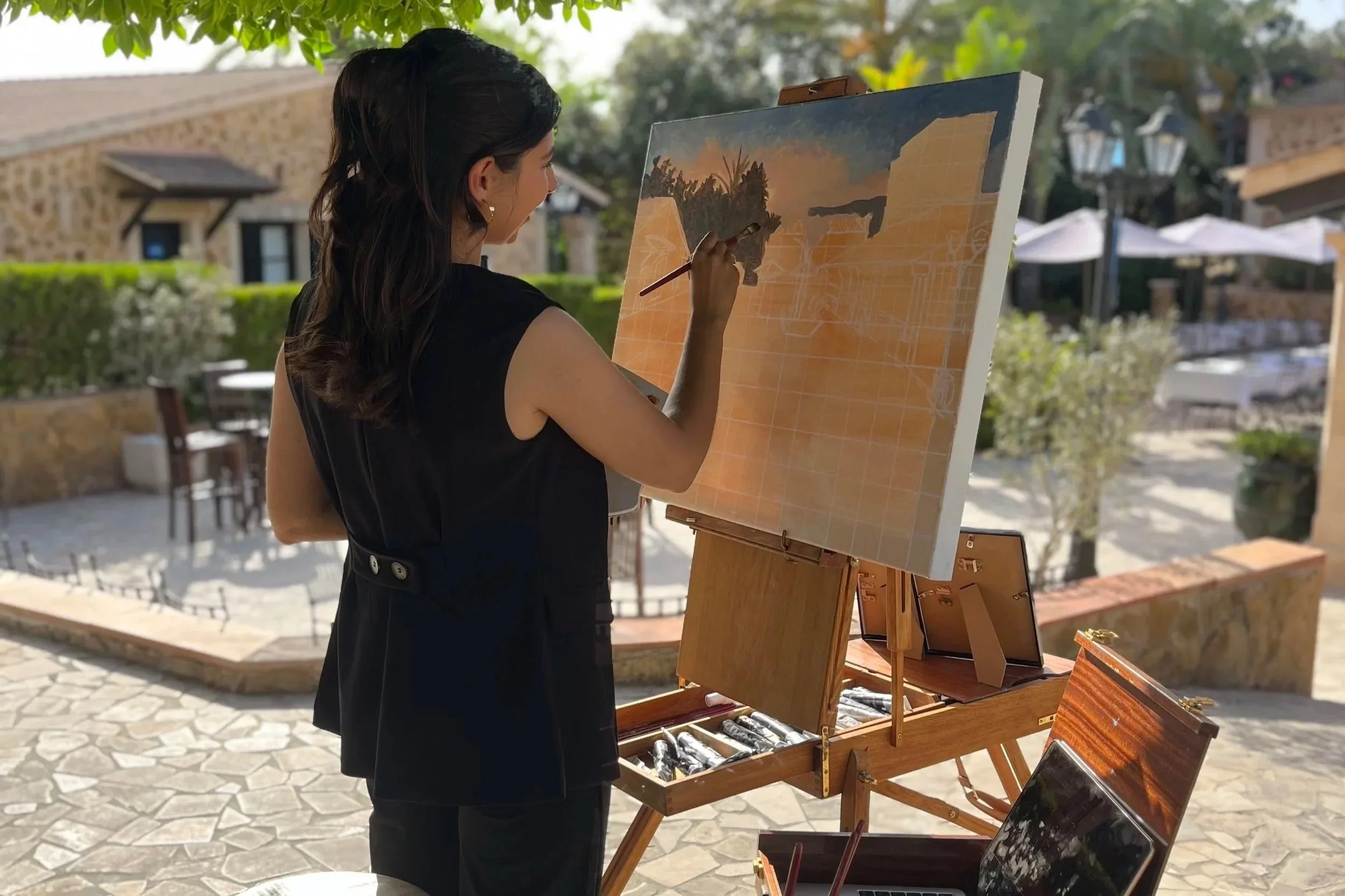Live wedding painting by Penélope Servera at a Mallorca finca Son Molí Country House, Mallorca, Spain.