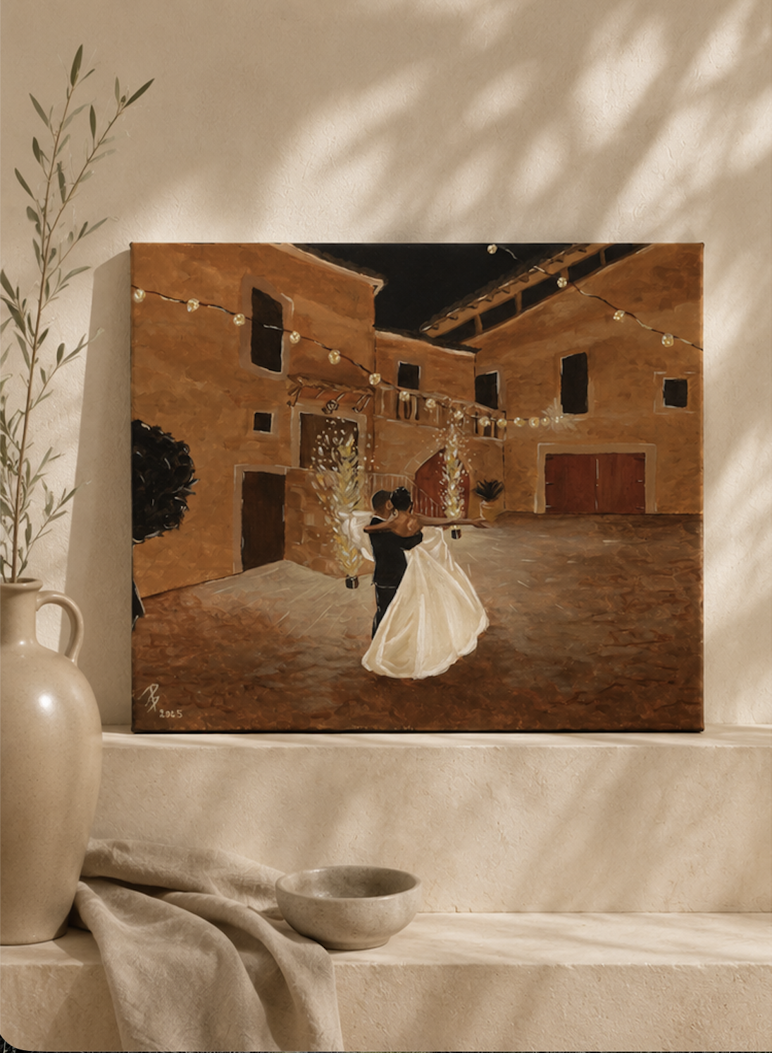 Live wedding painting by Penélope Servera at a Mallorca finca
