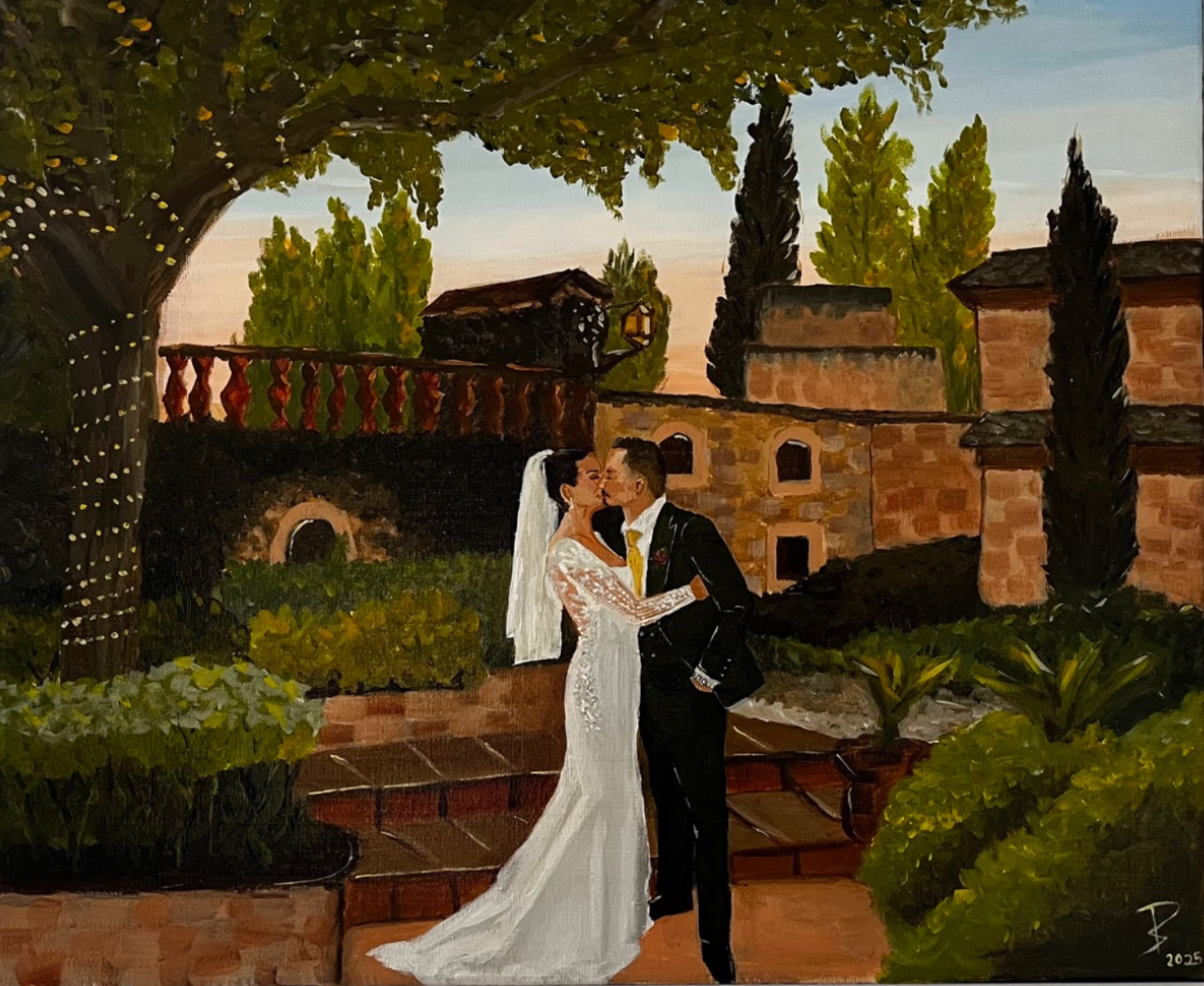 Live painter capturing wedding reception in Finca Ca n'Aí, Sóller, Mallorca, Spain