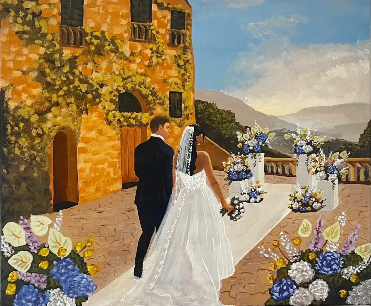 Mediterranean romantic wedding painter in Mallorca, Finca Comassema, Orient.
