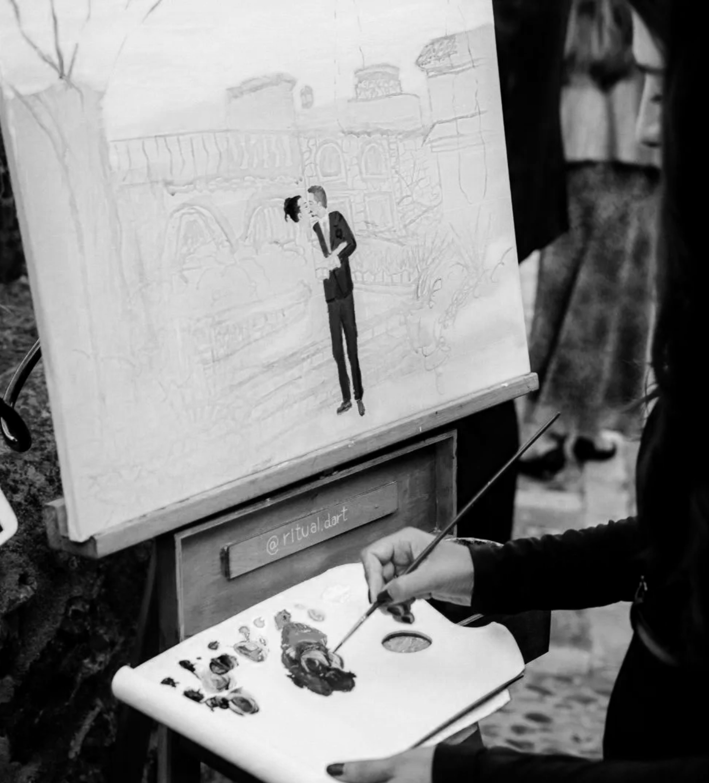 Live painter capturing wedding reception in Finca Ca n'Aí, Sóller, Mallorca, Spain