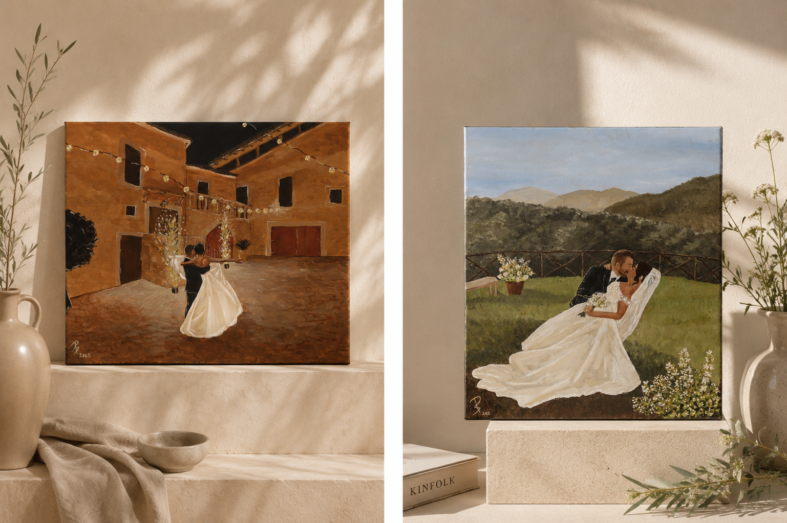 Live painter capturing wedding reception in Mallorca, Spain
