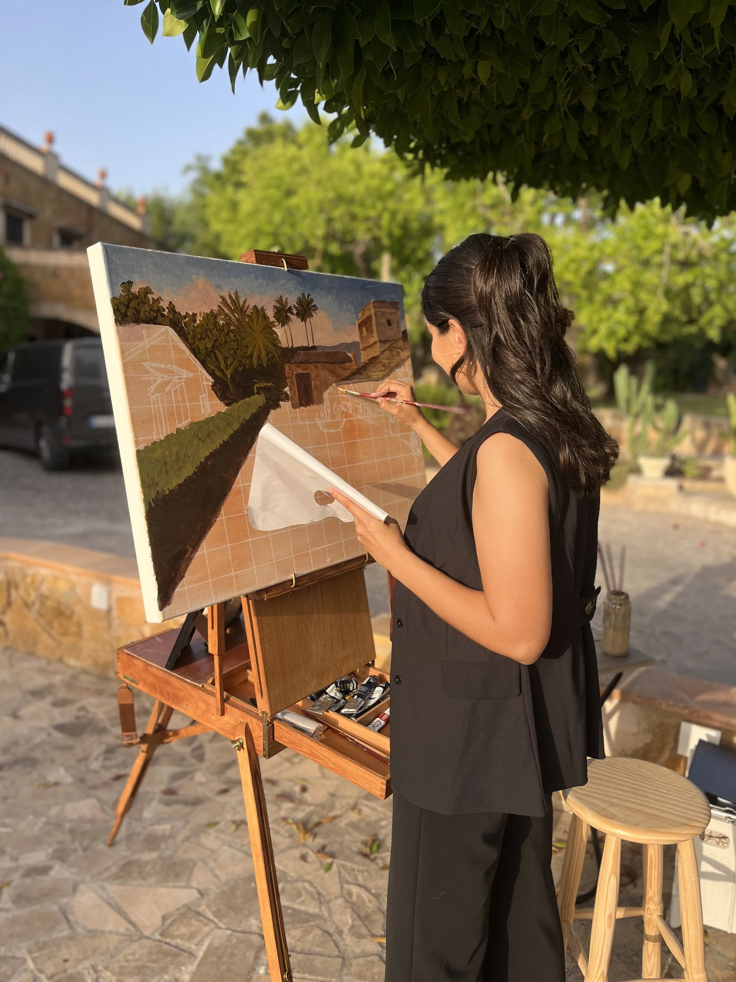 Live painter capturing wedding reception in Mallorca, Spain
