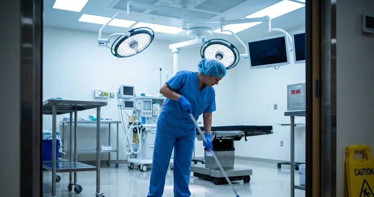 A healthcare worker in scrubs and protective gear mopping the floor of an operating room.