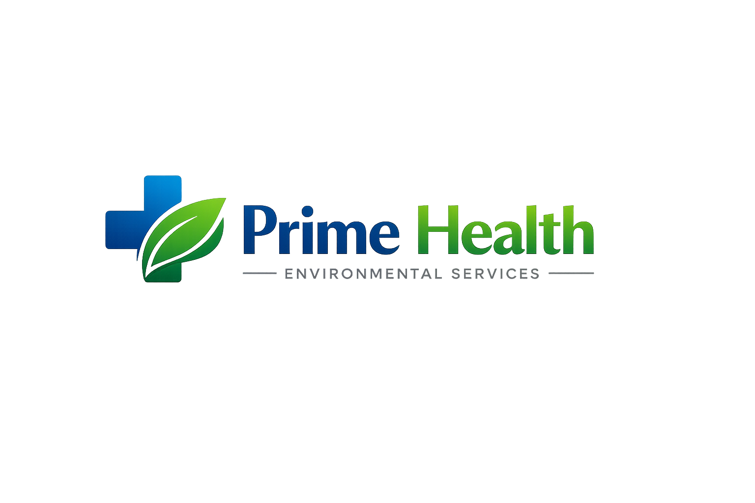 Logo for Prime Health Environmental Services with a blue cross and a green leaf, with text in blue and green reading 'Prime Health'. have environmental Services under Prime Hralth