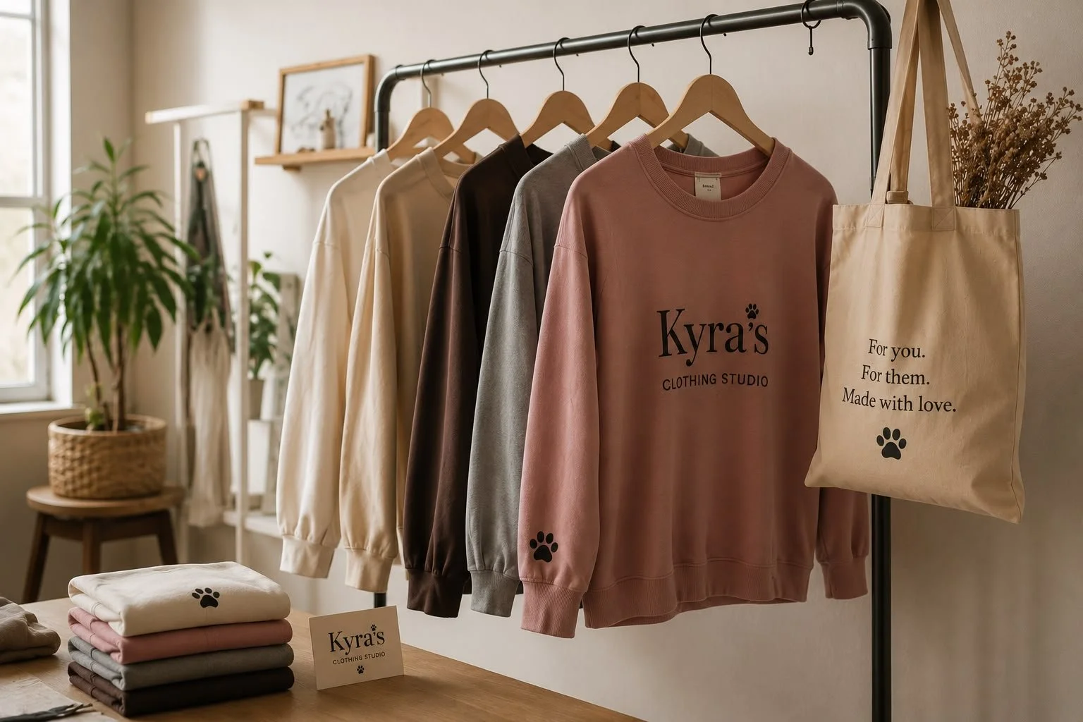 A clothing display with hanging sweatshirts in beige, brown, gray, and pink, featuring the logo "Kyra's Clothing Studio." A beige tote bag with text "For you. For them. Made with love." and a paw print hangs beside the sweatshirts. Folded sweatshirts are stacked on a table with a sign reading "Kyra's Clothing Studio." There is a plant and window in the background.