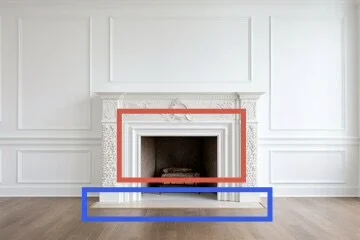 A fire place with a mantle that is likely to close to the opening of the firebox.