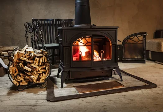 Wood-burning stove with fire inside, next to a stack of chopped firewood on a metal basket, in a cozy room with wooden floor and furniture.