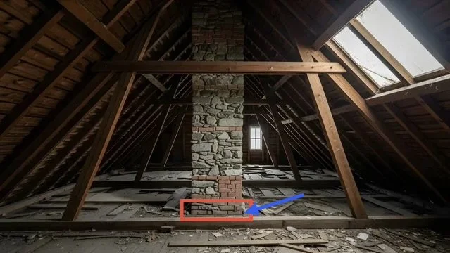 A chimney in the attic that appears to have framing to close the the chimney.