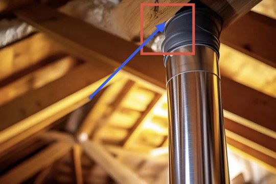 A metal chimney pipe connected to the ceiling of an unfinished wooden attic space that appears to have clearance issues to the wood framing.