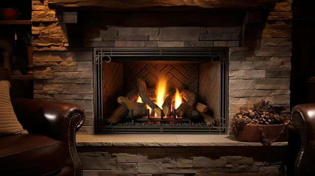 A factory built fireplace with gas logs.