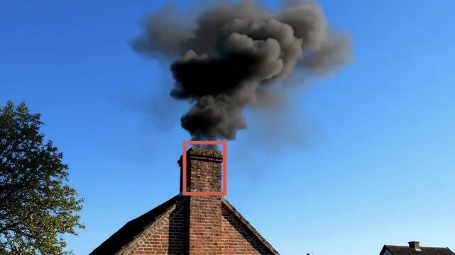 A brick chimney on a house emitting a large amount of black smoke into the sky during the daytime.