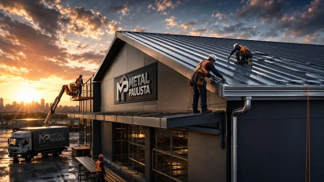 Construção de telhado metálico por trabalhadores na empresa Metal Paulista ao entardecer.