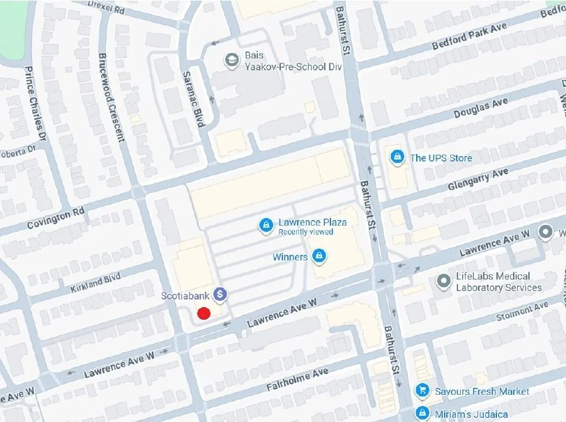 Map showing Lawrence Plaza and surrounding streets, including Bathurst Street, Lawrence Avenue West, and nearby landmarks like UPS Store, Winners, and Scotiabank in an urban area.