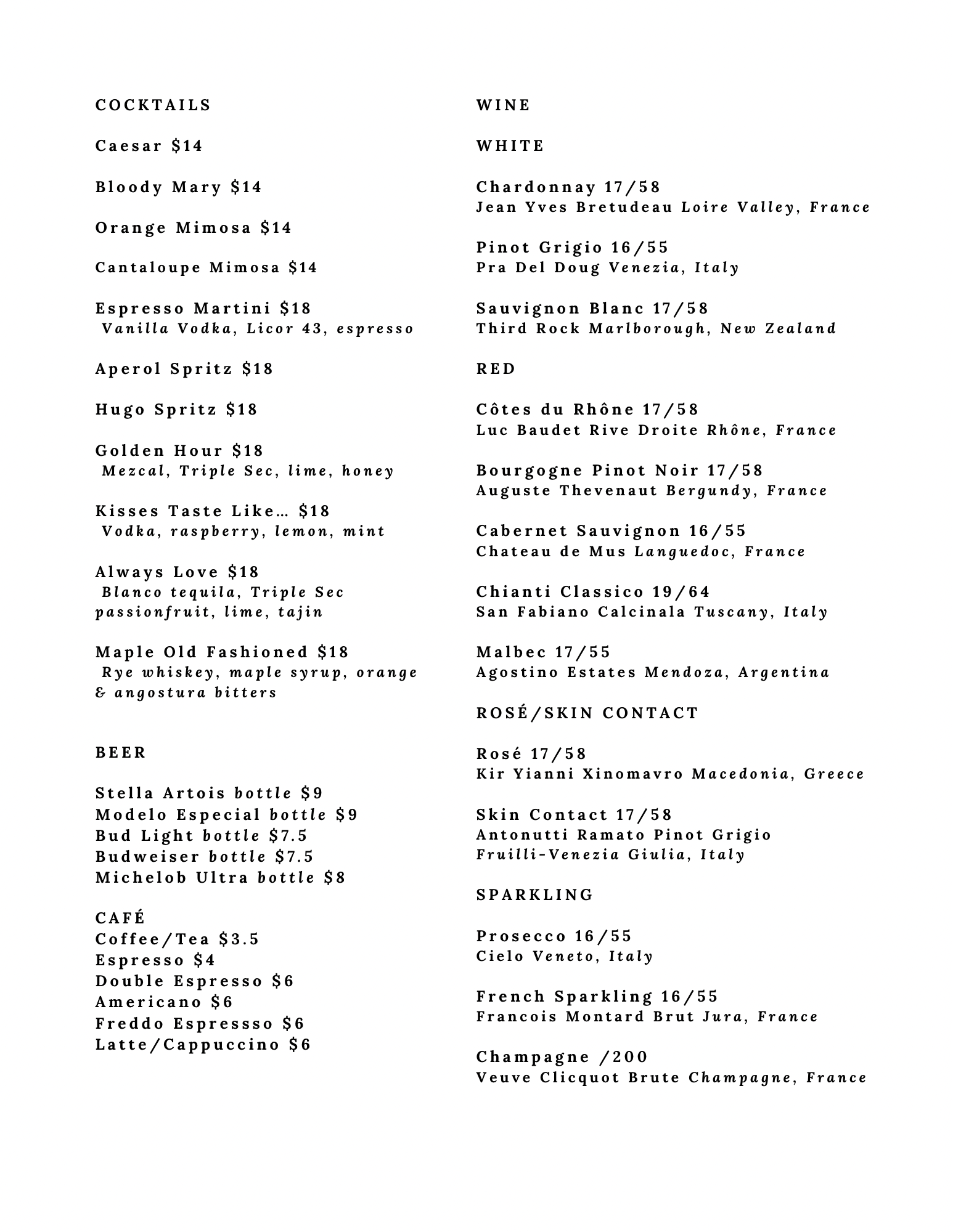 A restaurant menu featuring sections for cocktails, wine, beer, and sparkling drinks, listing various beverages with prices and descriptions.