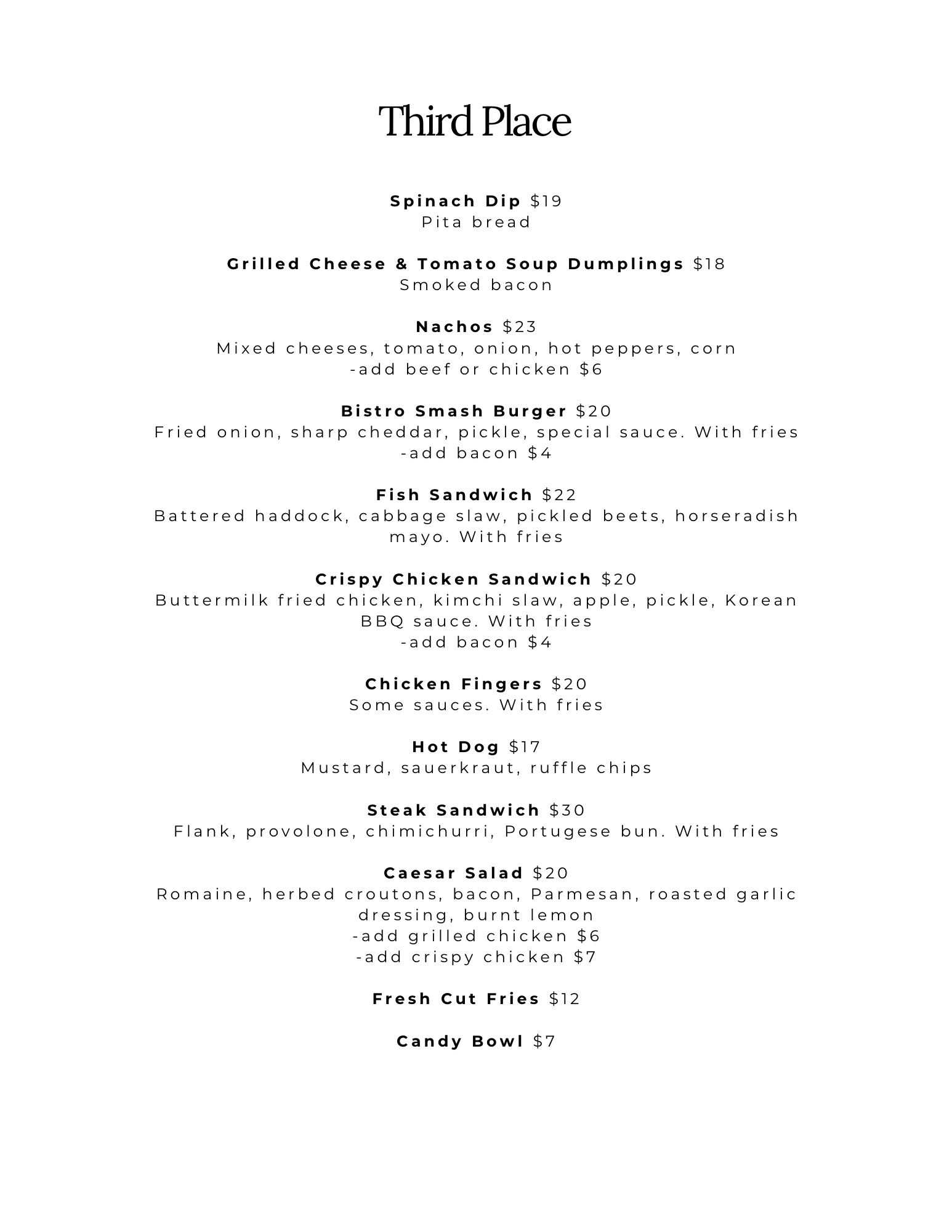 A menu displaying various appetizers, salads, and sides with prices, including options like spinach dip, grilled cheese and tomato soup dumplings, nachos, burgers, sandwiches, fries, and a candy bowl.