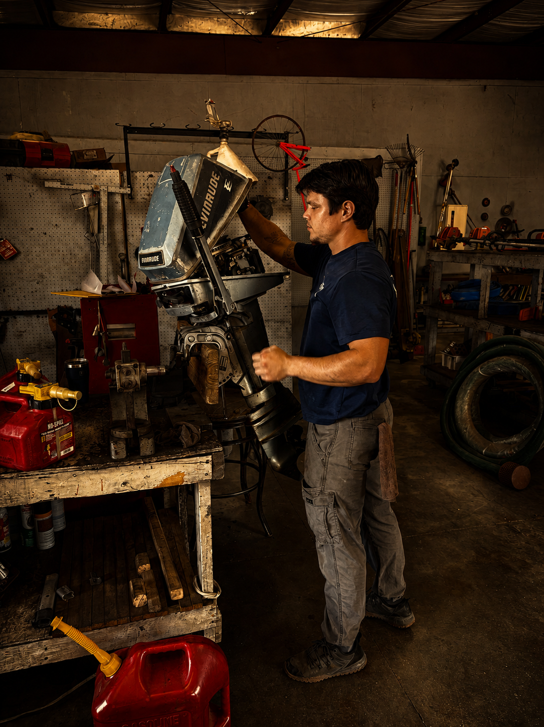 A man working on a boat motor in a workshop with various tools and equipment around him.