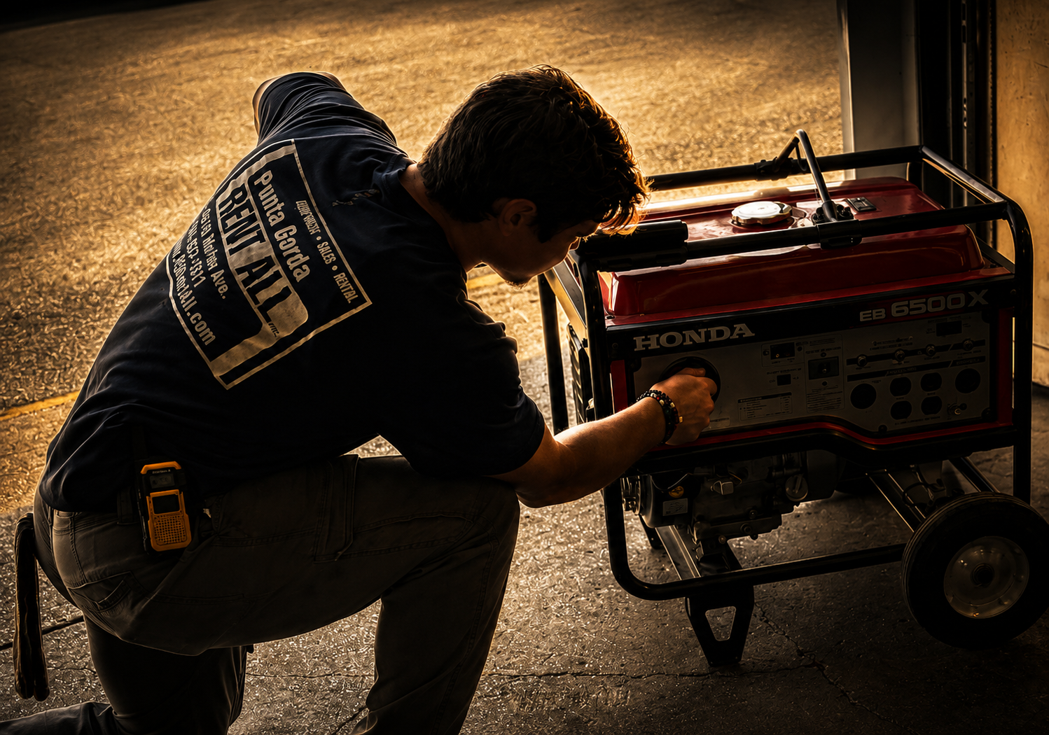 A man working on a red Honda generator in a garage or workshop, kneeling down and adjusting controls.