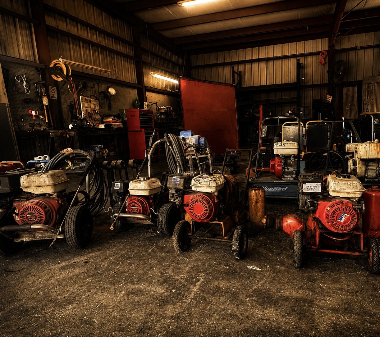 A workshop with various pressure washers and tools, some hanging on the wall and others on the floor, inside a large metal building with a dirt floor and dim lighting.