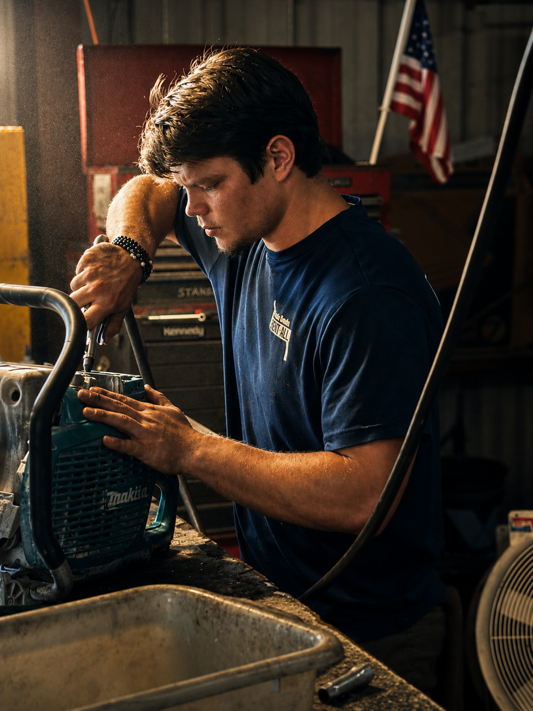A young man working on a small engine in a workshop, wearing a blue T-shirt and sitting at a workbench, with an American flag in the background.