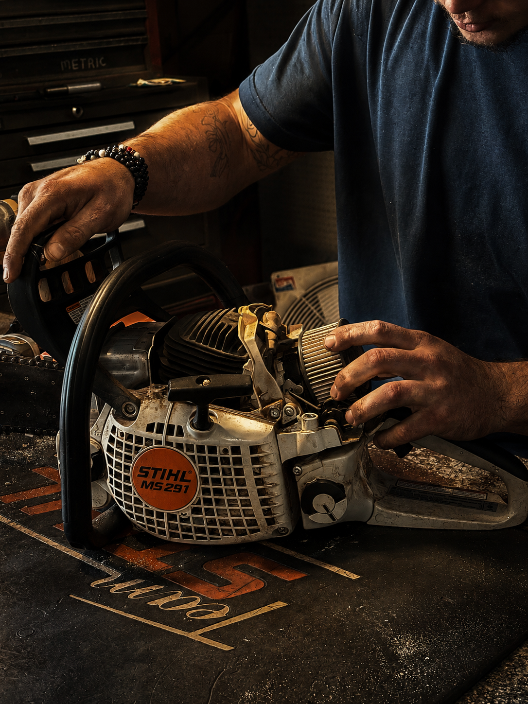 A person working on a chainsaw, wearing a dark blue t-shirt, with tattoos and a beaded bracelet on their left wrist, in a workshop setting.