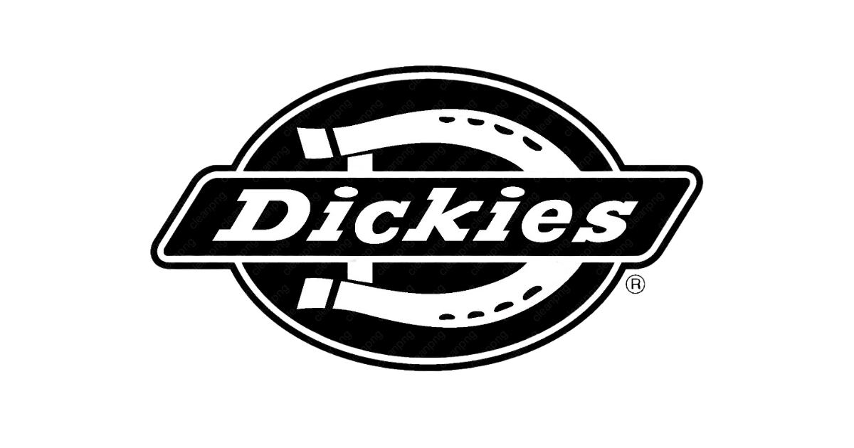 Black background with a white illustration of a belt and buckle surrounding the text "Dickies" in bold white font.