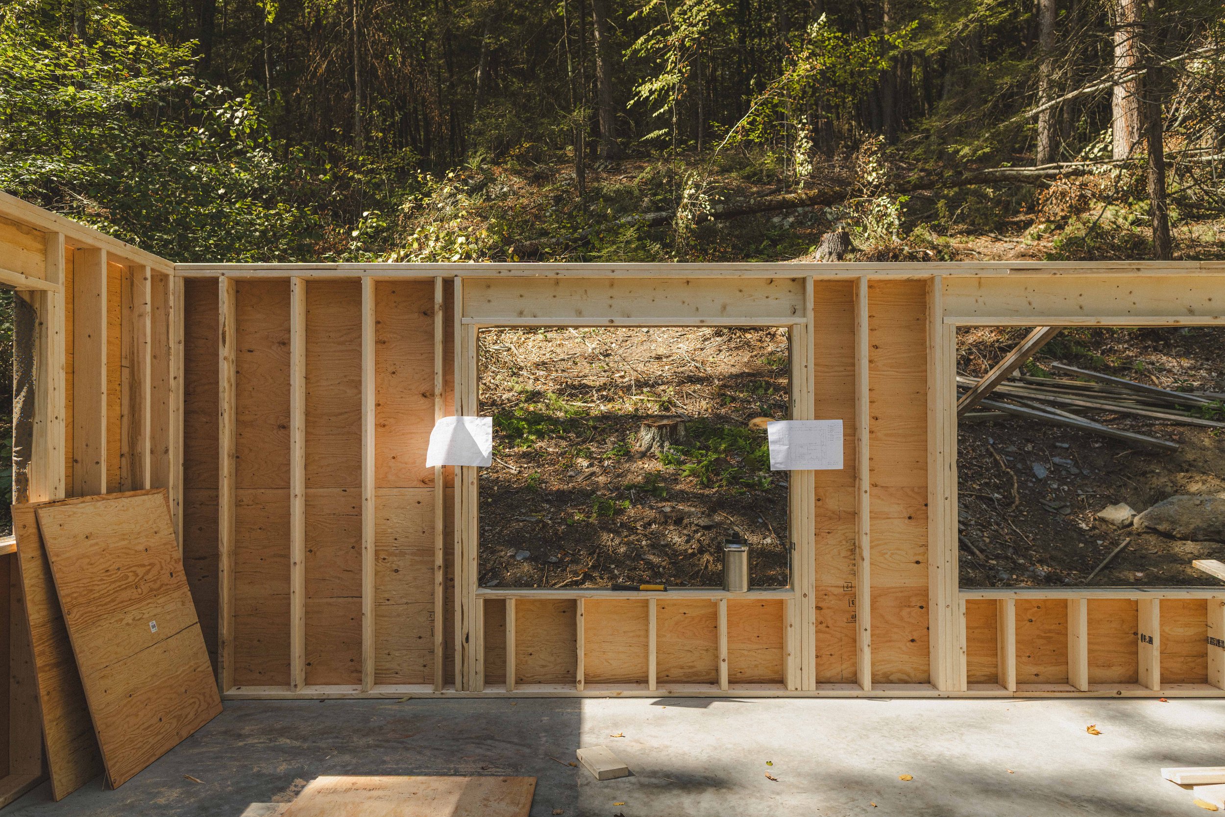 Wooden framing of a house under construction with a view of a forest background.