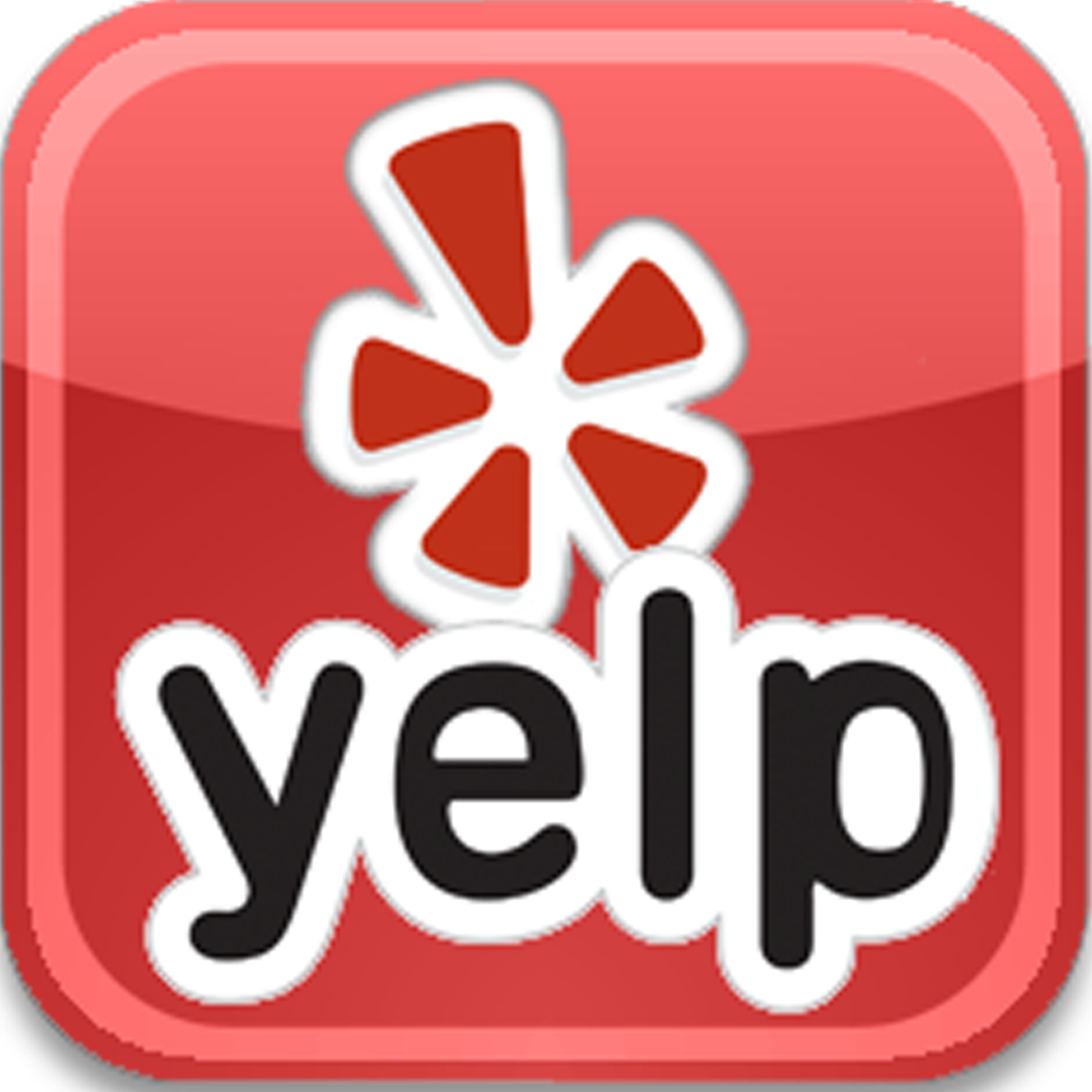 Yelp app icon with red background, stylized flower with red petals, and the word 'yelp' in lowercase black and white lettering.