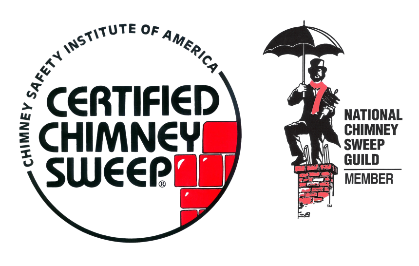 Graphic image featuring a certification badge for CSIA Certified Chimney Sweeps, with a graphic of a chimney sweep holding an umbrella and a checklist of certifications and memberships.